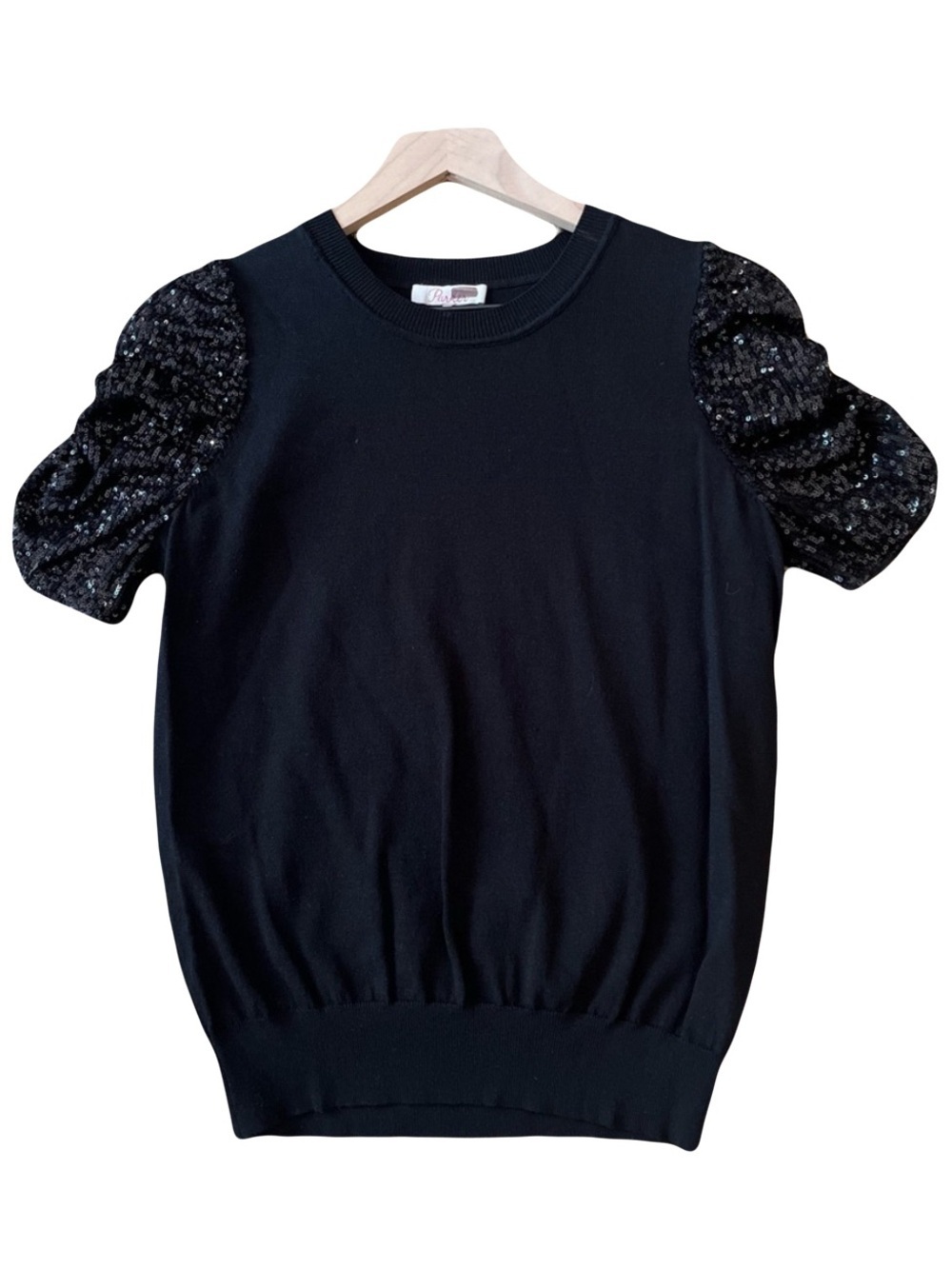 Parker Sequin Puff Sleeve Sweater Top Black Glam Party Knit Holiday Chic